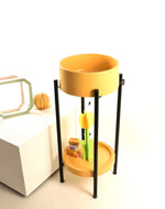 Oi Pedestal Sink in Sunbeam Yellow – Freestanding Concrete Washbasin with Black Metal Stand & Bottom Shelf – Modern Bathroom Sink