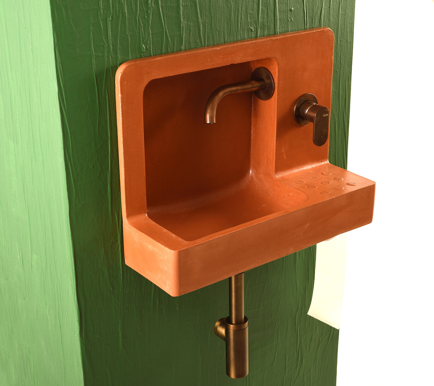 The Barbican Sink Wall Mounted Concrete Sink with Unlacquered Brass Faucet , Drain and Siphon