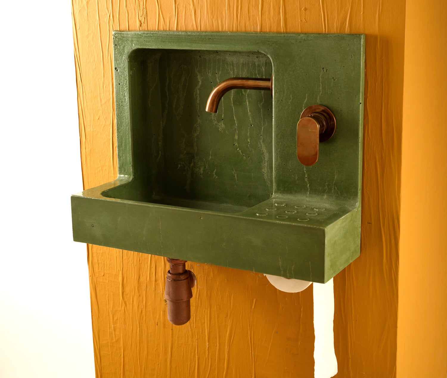 The Barbican Sink : Green Raw Color Handcrafted Concrete with Brass Tap and Drain