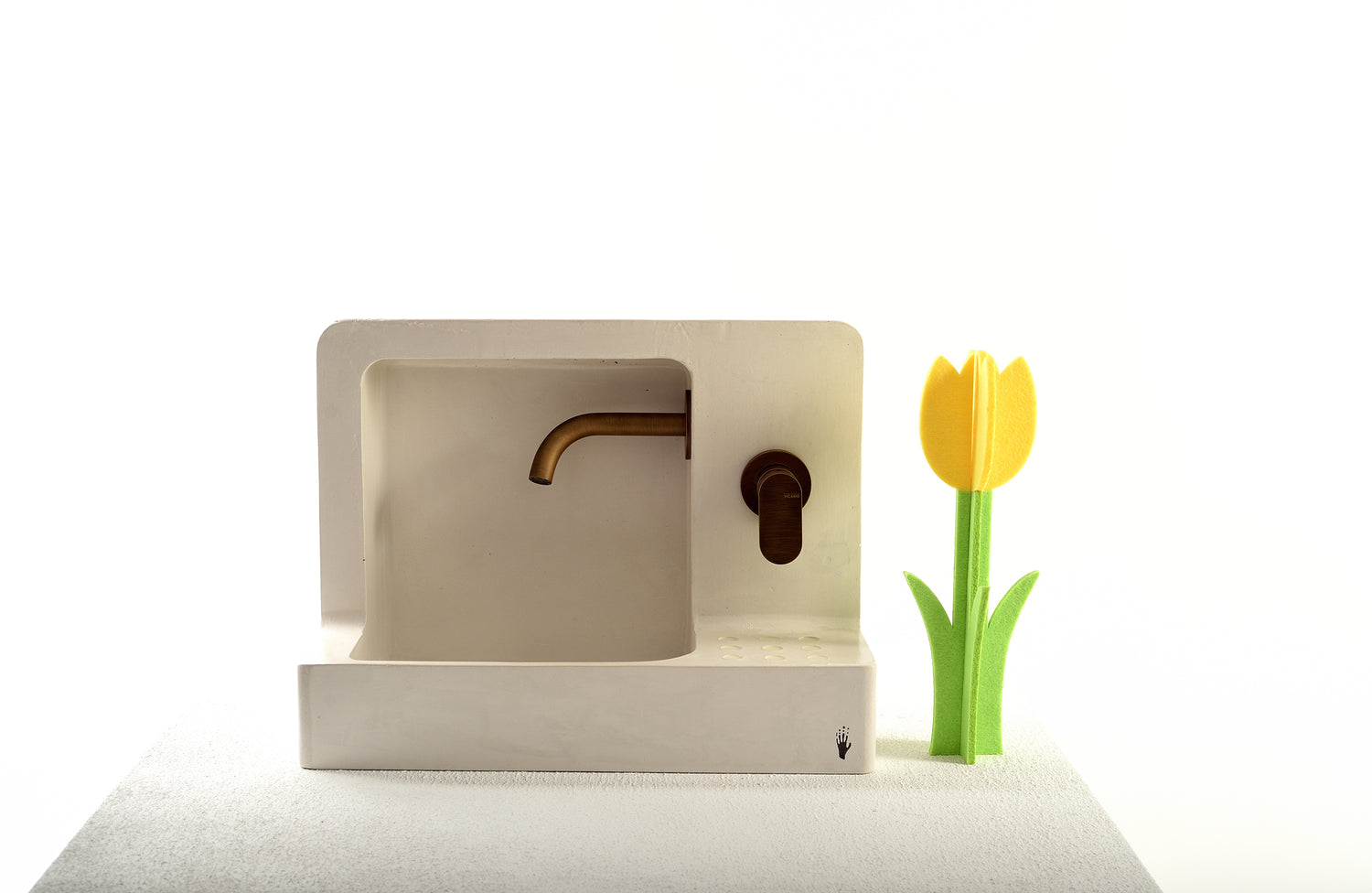 Off White Concrete Barbican Sink with Antique Brass Faucet & Drain | Handmade Wall Mounted Bathroom Sink - robertotiranti.shop