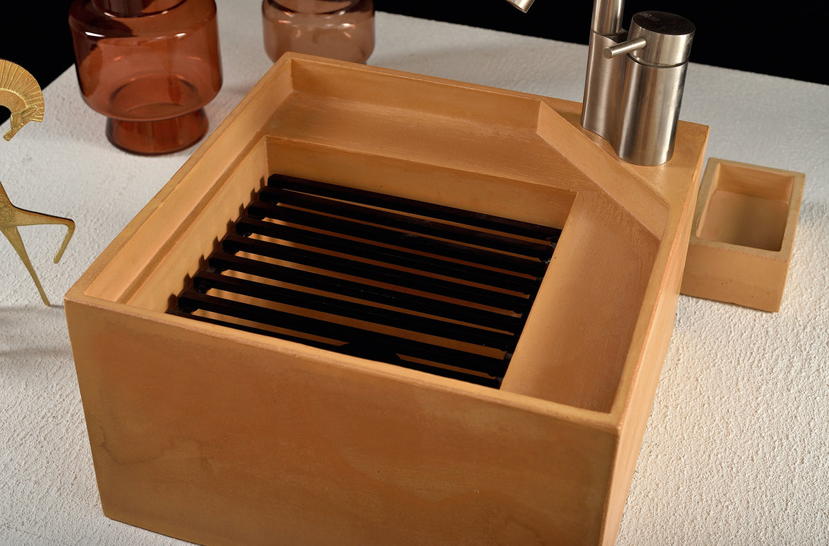 DORIAN TROPI Concrete Sink – Architectural Handmade Bathroom Basin with Black Stainless Steel Grid – Designer Countertop Washbasin - robertotiranti.shop