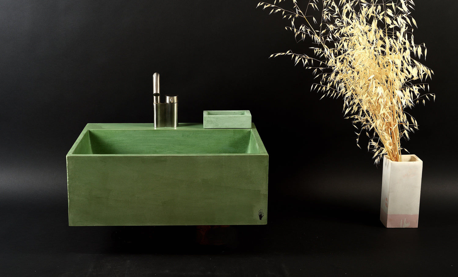 QO Big - Large Concrete Bathroom Sink | Olive Leaf Green Rectangular Vanity Basin with Tray