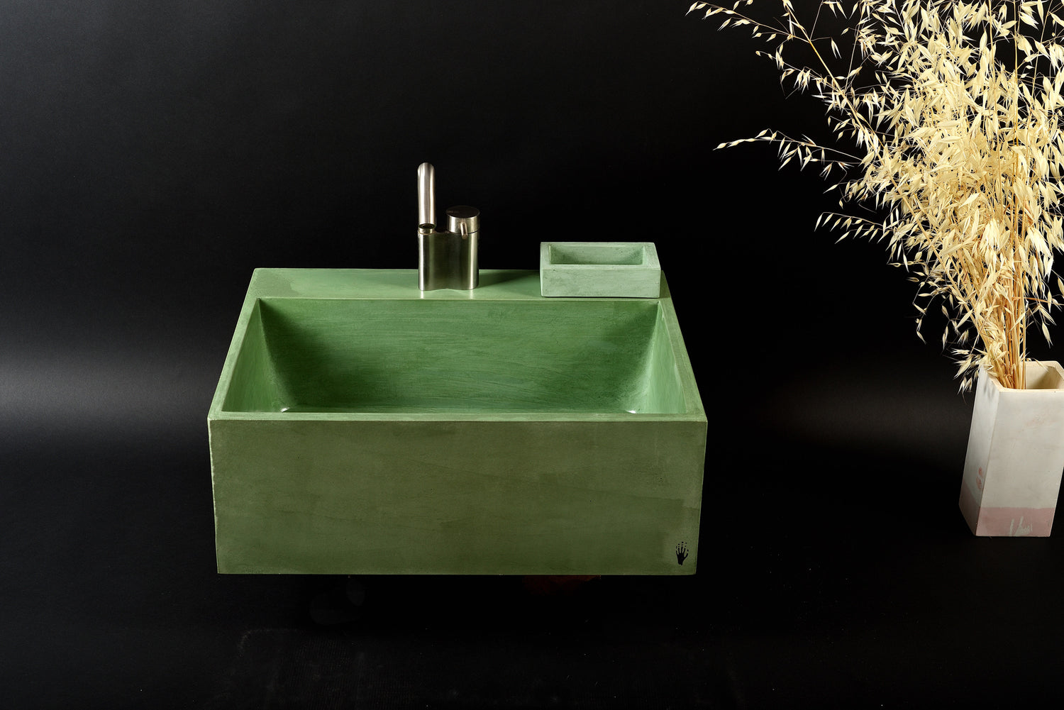 QO Big - Large Concrete Bathroom Sink | Olive Leaf Green Rectangular Vanity Basin with Tray