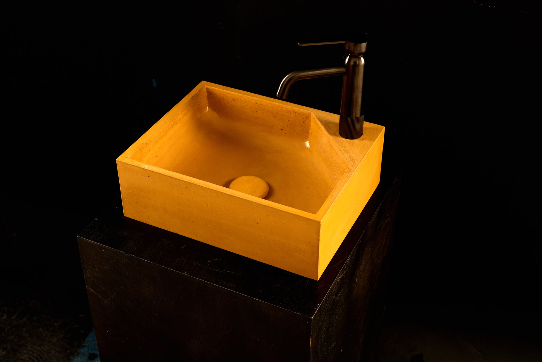 Handcrafted Square Concrete Sink in Deep Corn Yellow — Bespoke Corner Faucet Design - robertotiranti.shop