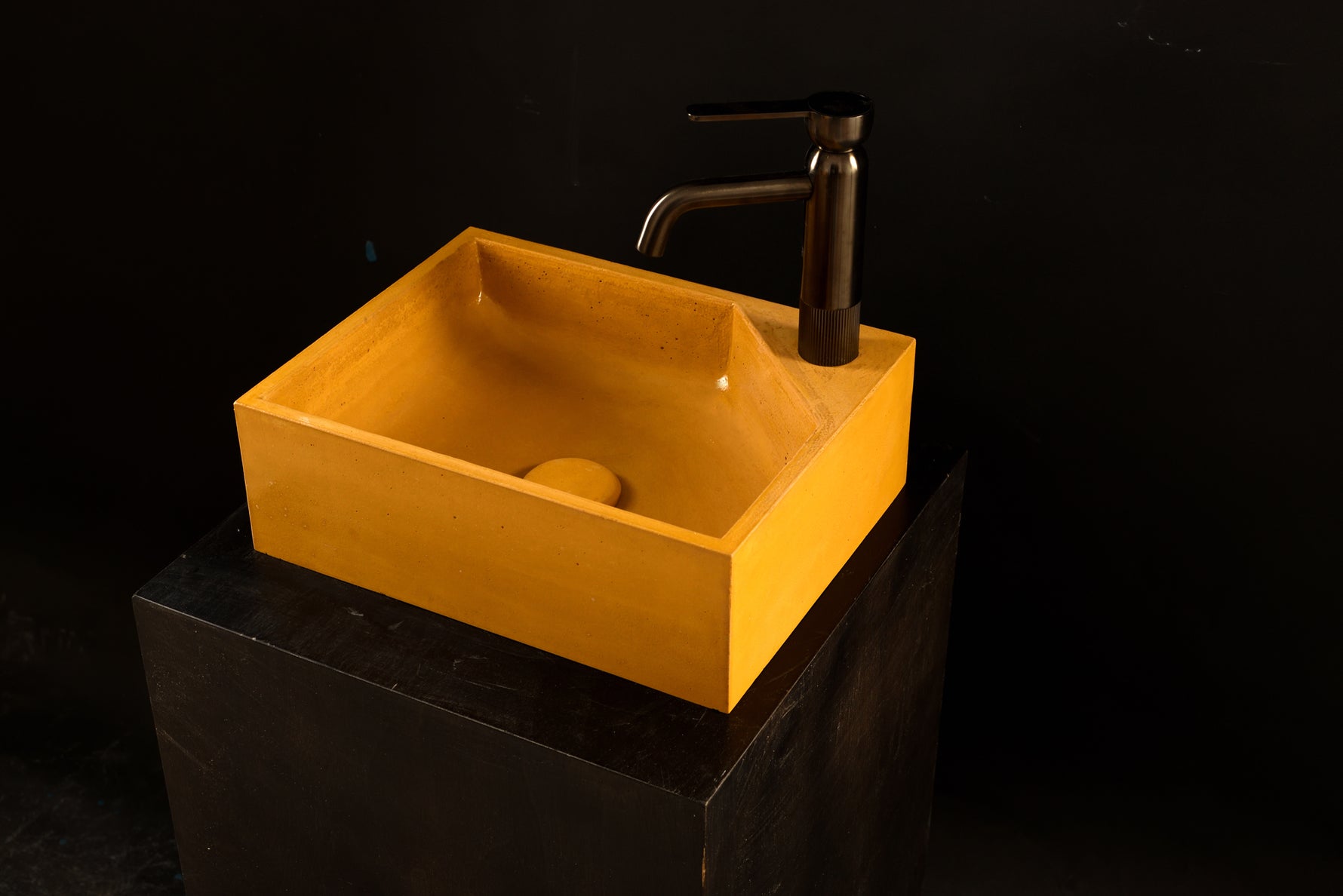 Handcrafted Square Concrete Sink in Deep Corn Yellow — Bespoke Corner Faucet Design - robertotiranti.shop